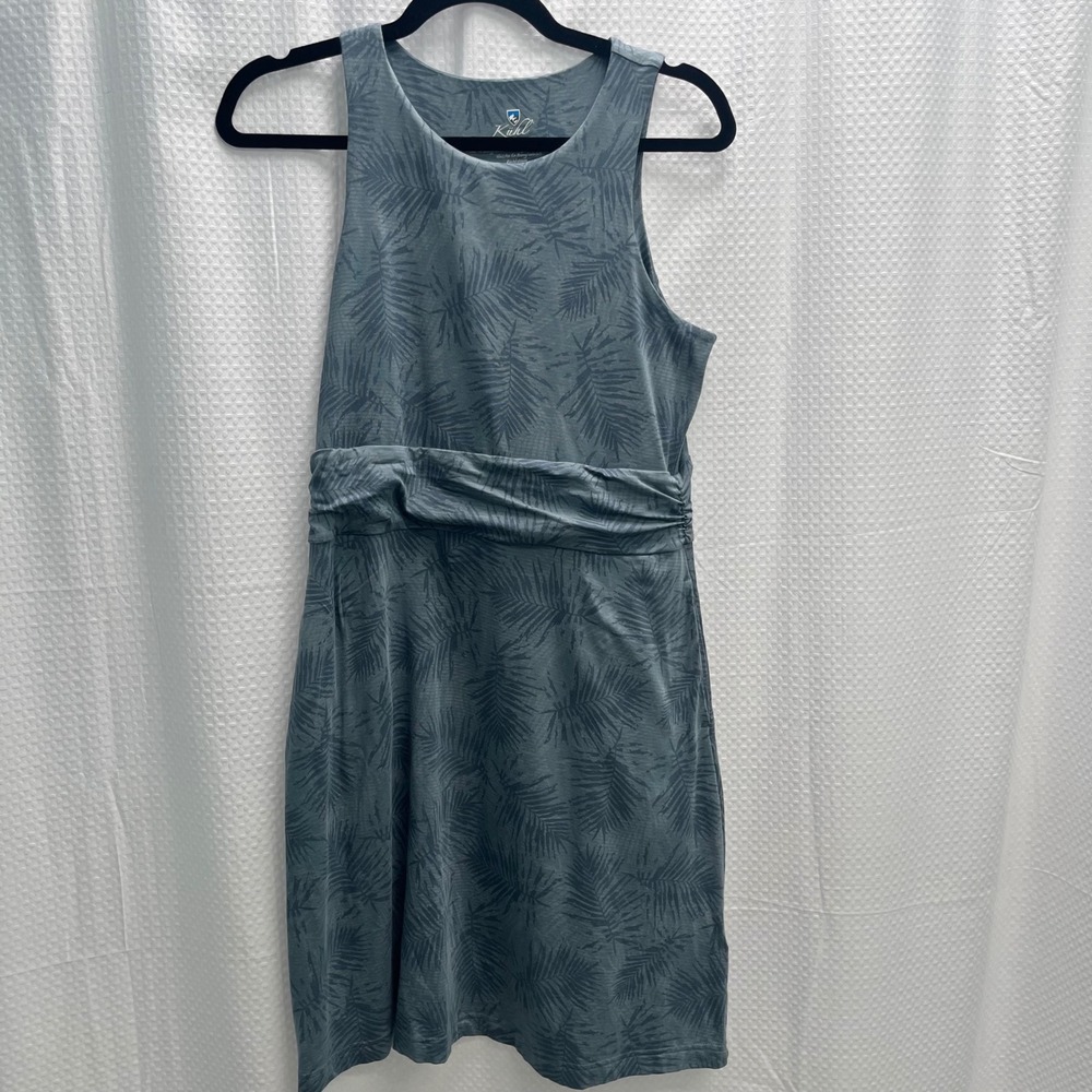Kuhl Lea Dress Blue Gray Palm Leaf Print Pockets Racerback Size Small 4013